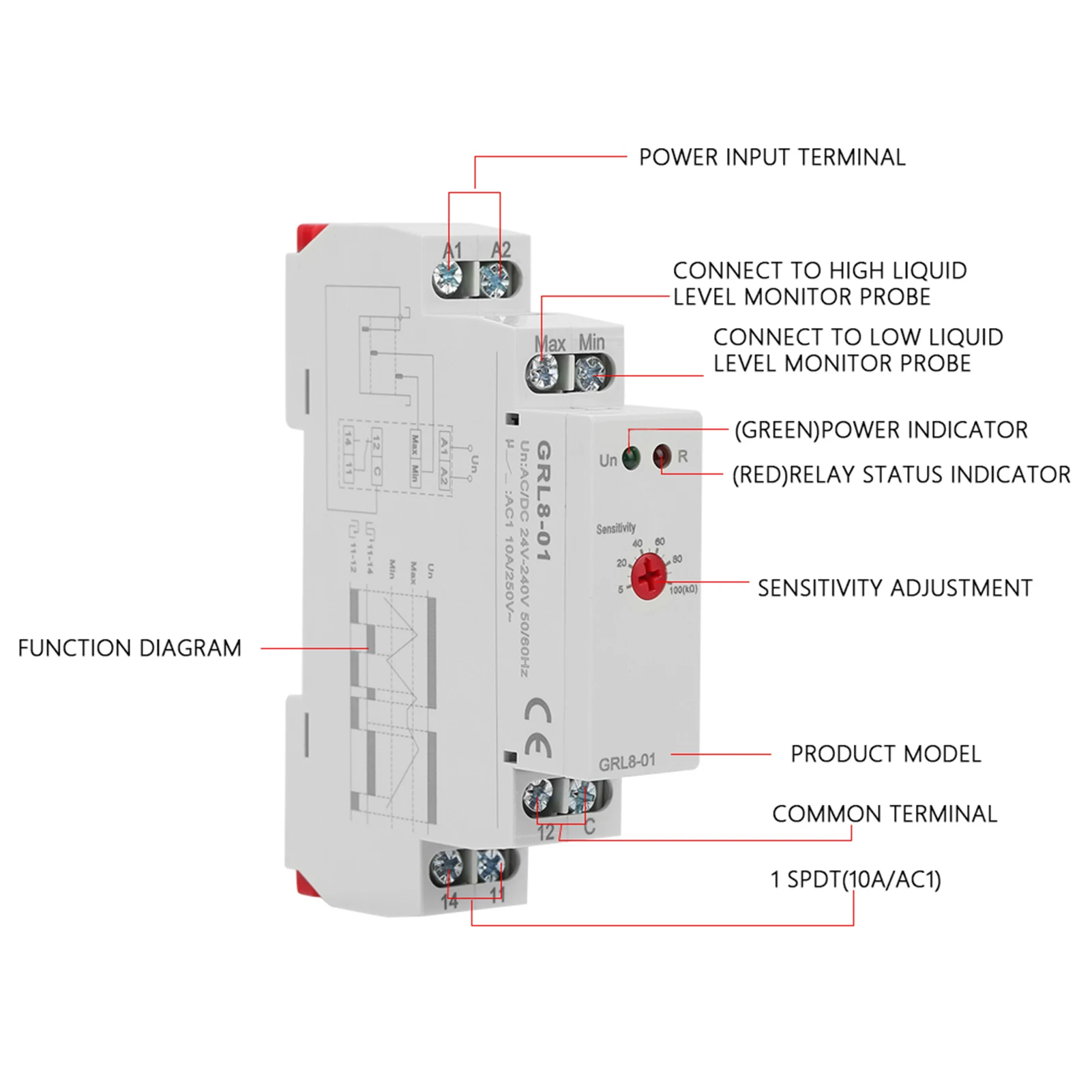 GRL8-01 التحكم في مستوى السائل التتابع وحدة تحكم في المستوى المياه 10A AC / DC 24V-240V