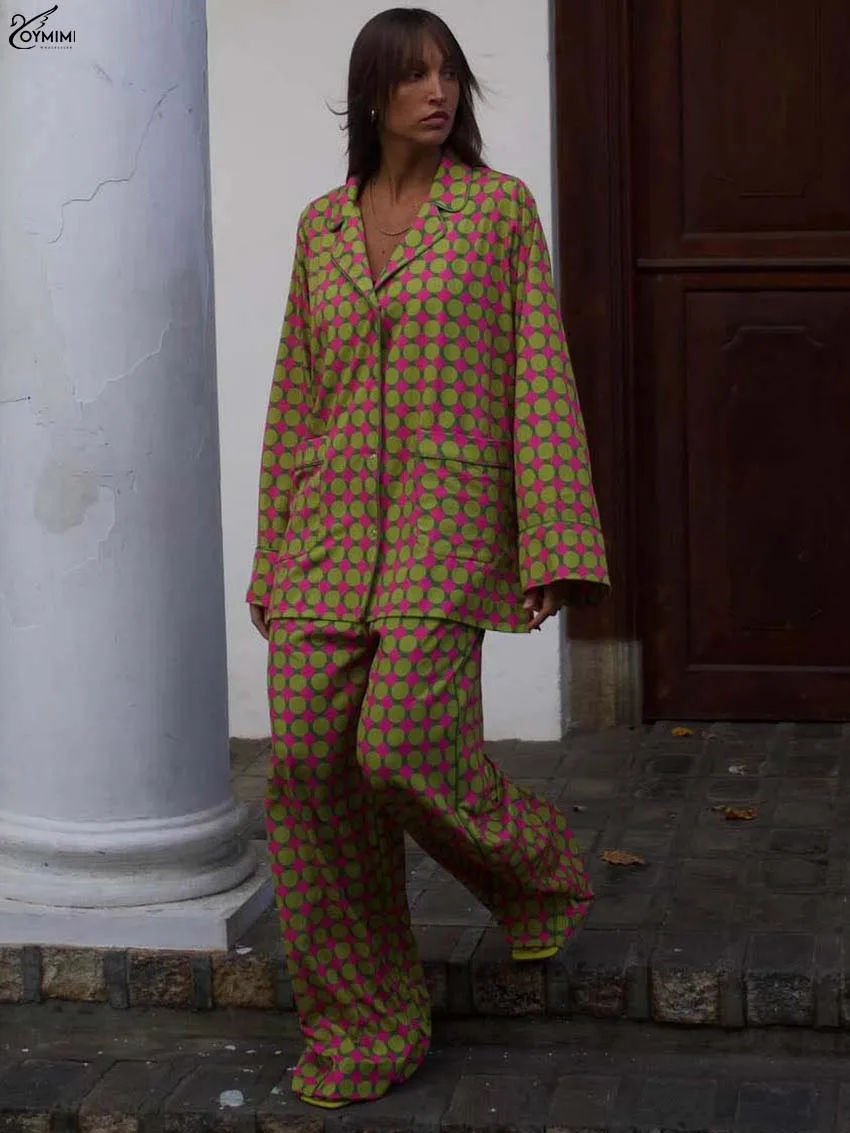 Oymimi – ensemble 2 pièces imprimé vert pour femme, chemises élégantes à manches longues avec poches et boutons, pantalons droits, ensembles féminins