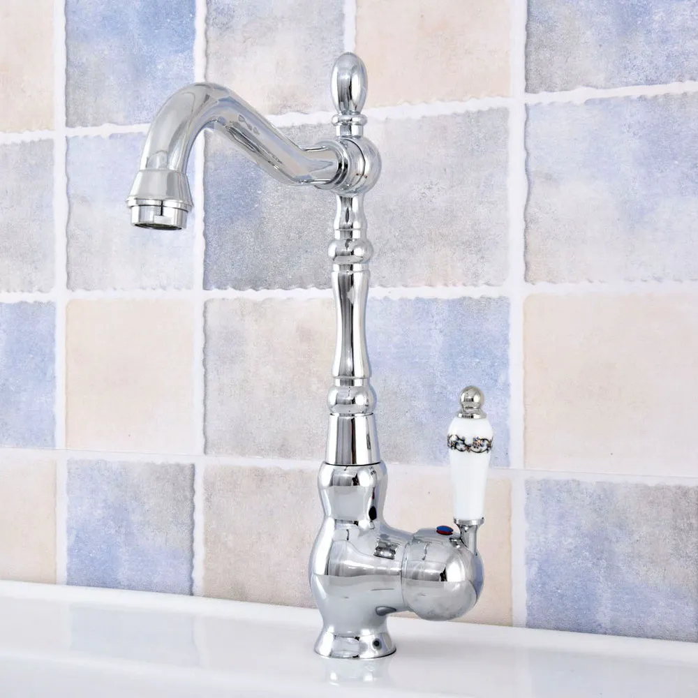 

Chrome Finish Brass Single Hole Deck Mount Kitchen Basin Faucet Swivel Spout Bathroom Sink Cold Hot Water Taps 2sf654