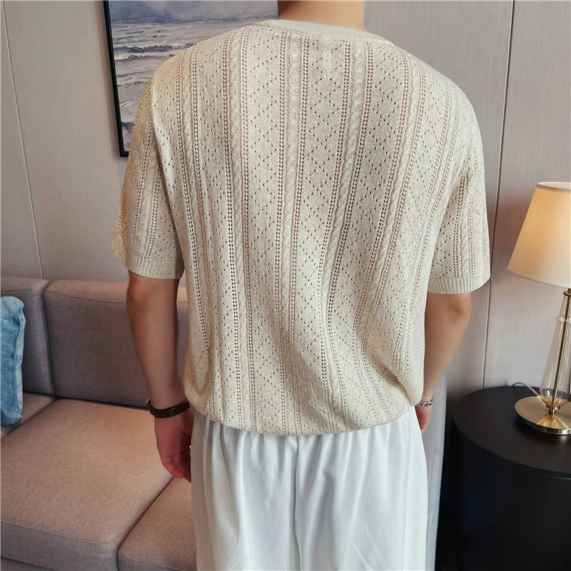 Men's Linen Blend Short Sleeve Knit Cardigan – Breathable Hollow-Out Stand Collar Top with Relaxed Fit for Casual & Outdoor Wear