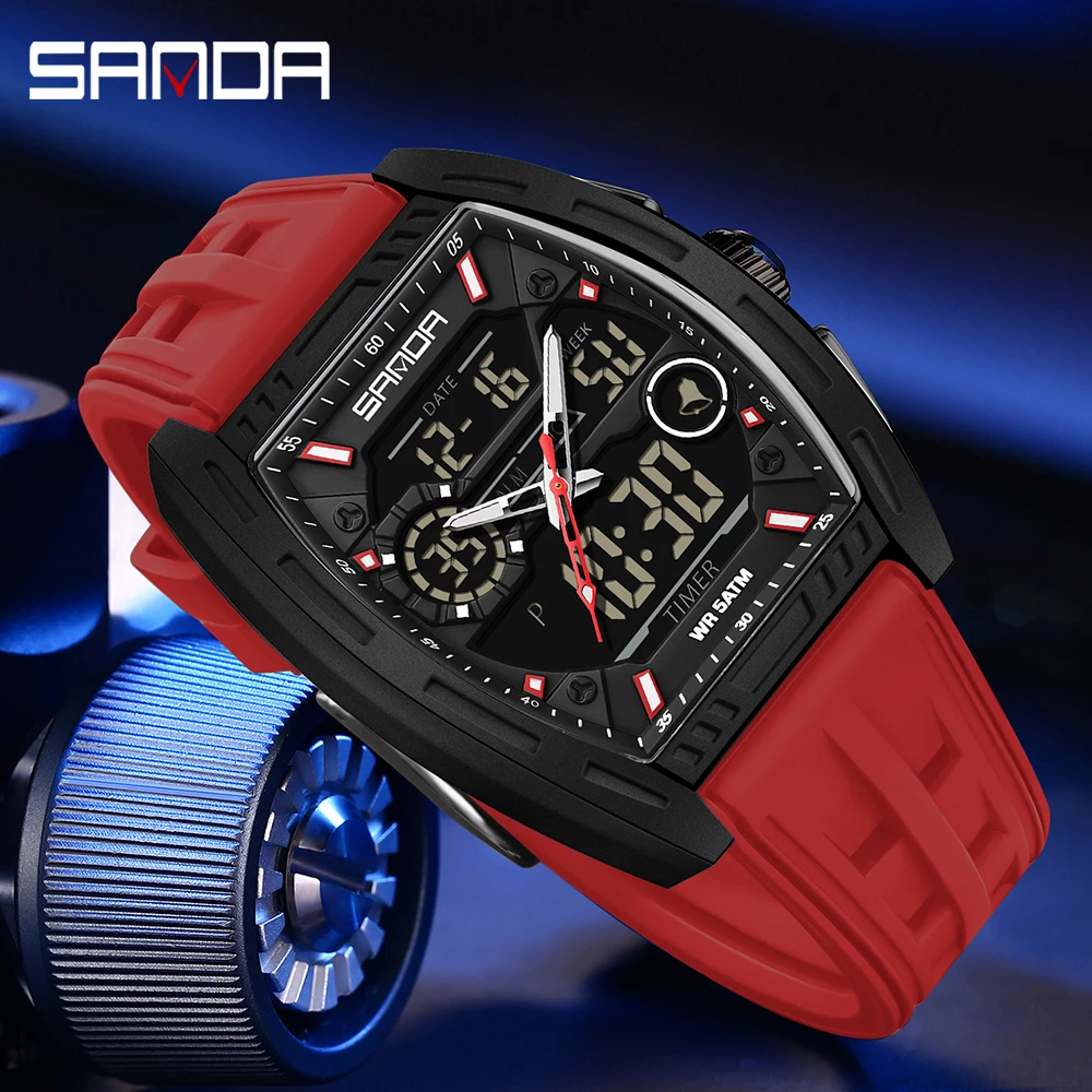 SANDA 6321 ساعة إلكترونية جديدة رقمية متعددة الوظائف موضة ساعة رجالي سيليكون مقاوم للماء ساعة منبه ساعة رجالي