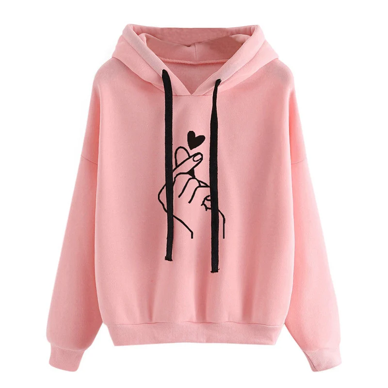 Autumn Fleece Hoodie Solid Color Finger Heart Hooded Korean Fashion Sweatshirts Long Sleeve Top Drawstring Pockets Loose Hoodies