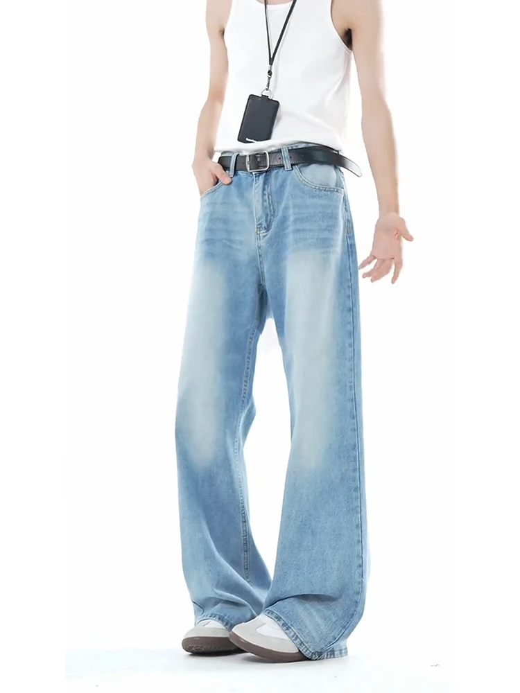 

Светло-голубые мужские джинсы с высокой талией, прямые, длинные, свободного кроя, износостойкие, модные, для подростков, весенние, из полиэстера и денима