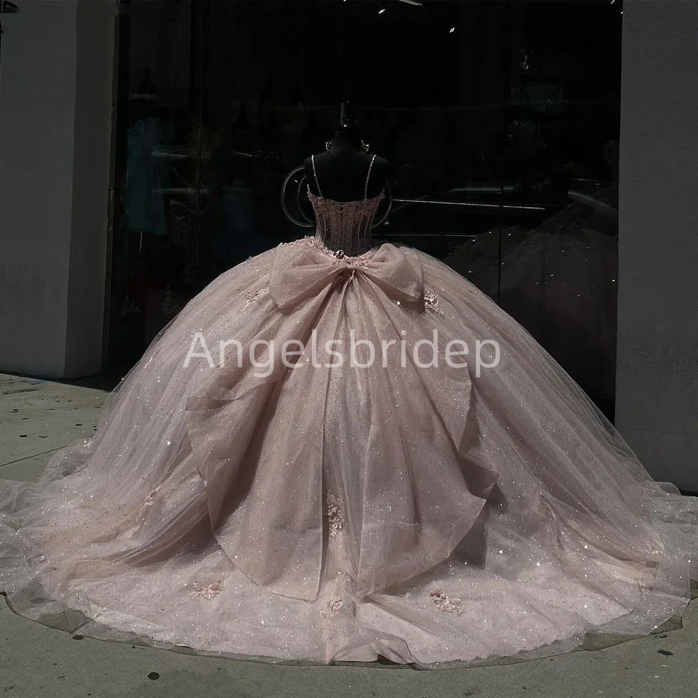 Angelsbridep ชุดเดรสปาเก็ตตี้ชุดไปงานเต้นรำสีชมพูอ่อนชุดปาร์ตี้ฉลองวันเกิด2025ชุดเดรสผ้าทูลระยิบระยับ