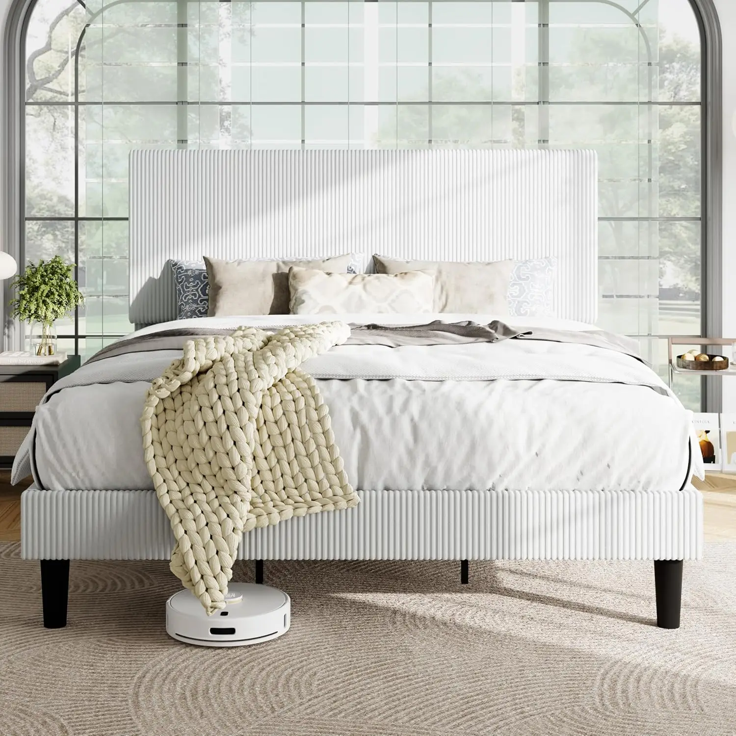 Velvet King Platform Bed Frame Vertical Tufted Headboard Corduroy Wooden Slats No Box Spring Easy Assembly White, Customized