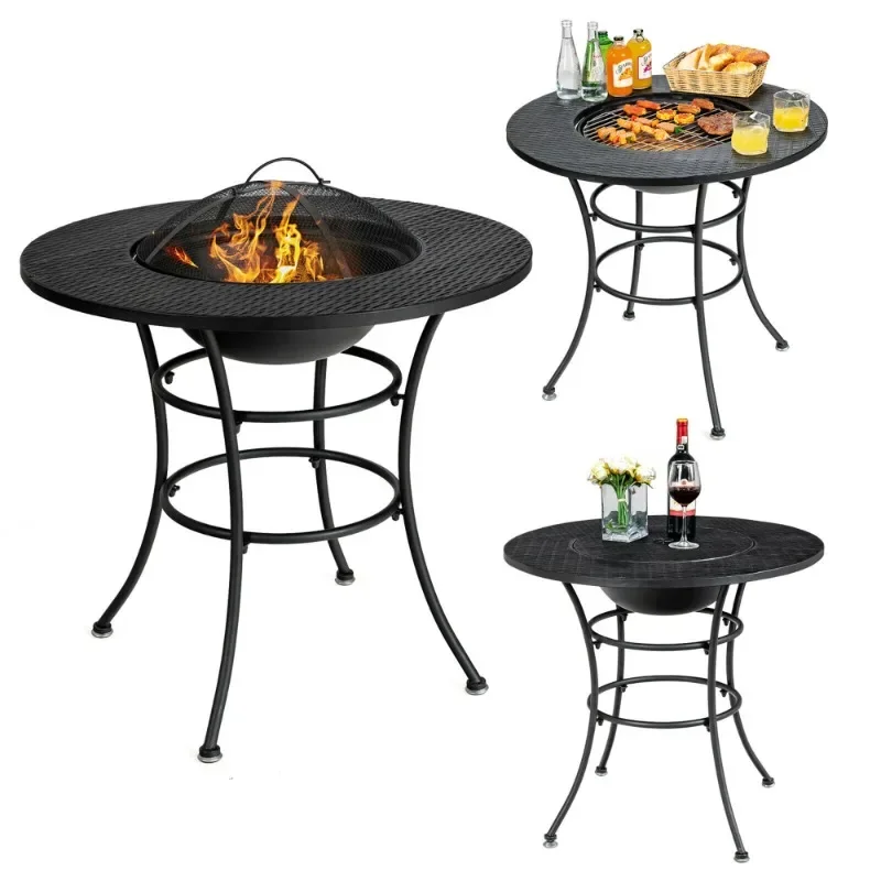 31.5'' Patio Fire Pit Dining Table Charcoal Wood Burning W/ Cooking BBQ Grate