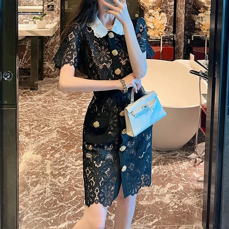 Golden Button Vintage Women Dress Bodycon Black Lace Hollow Out Single-breasted Elegance Clothing with Belt Streetwear Dresses