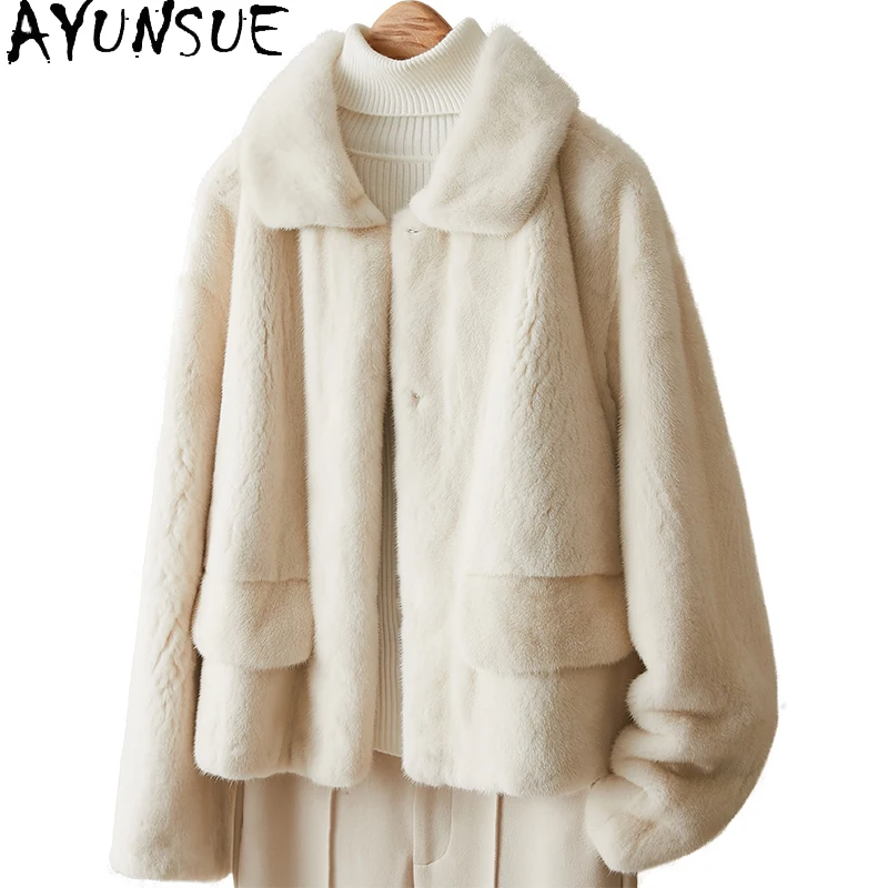 سترة نسائية من فراء المنك الطبيعي من AYUNSUE بياقة مقلوبة سترات من الفرو الحقيقي لملابس النساء جودة عالية من المينك الكامل شوبانا Жénska