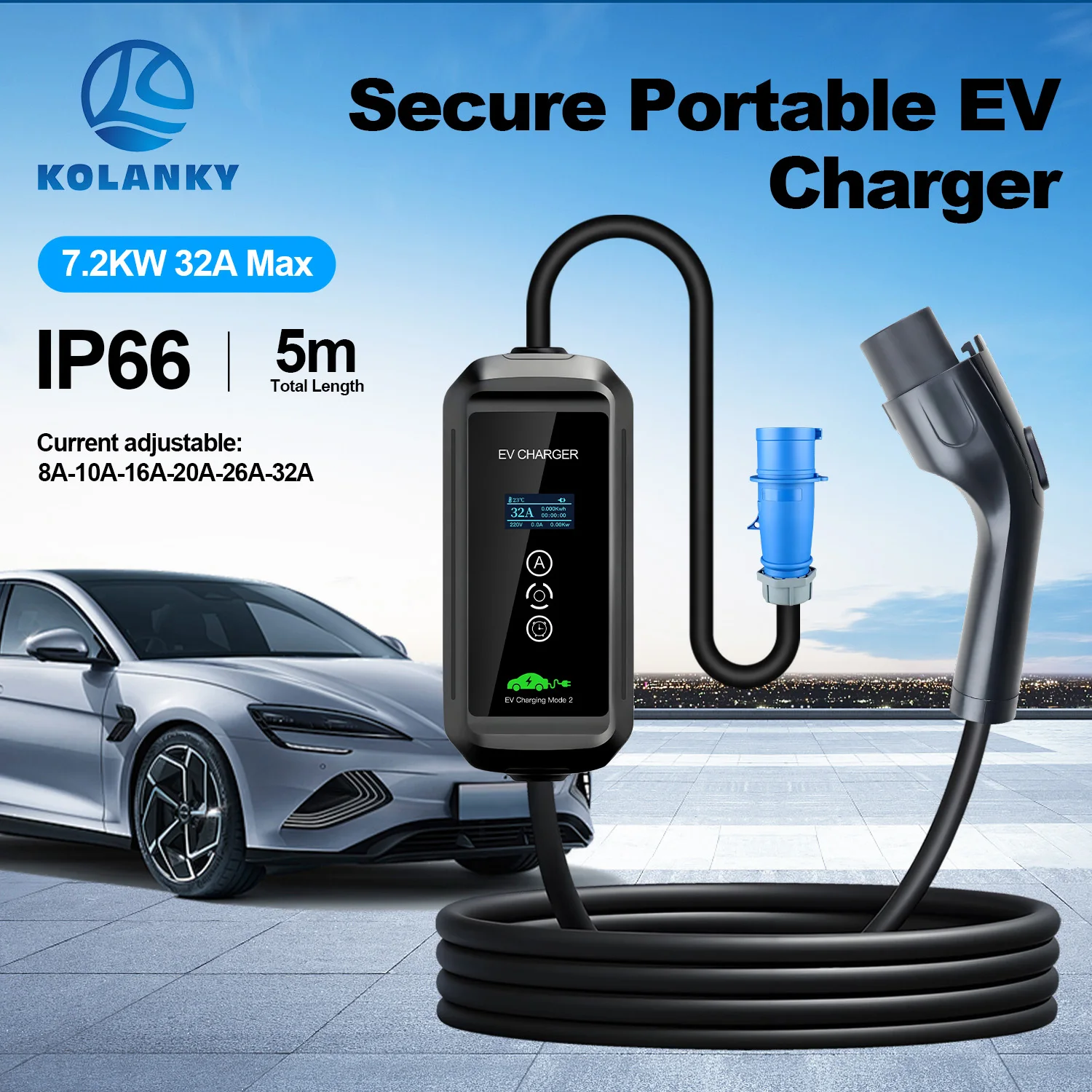 

Kolanky EV Portable Charger GBT Plug Connector 32A 1Phase 7.2KW Total 5M Wallbox Charging Station for GBT Electric Vehicle