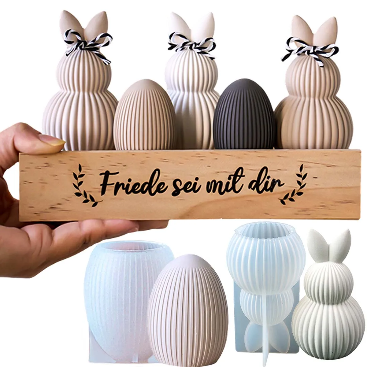 3D Streifen Hasen-Ei Silikon-Kerzenform DIY Ostereier Häschen Aroma-Seifenformen Set Gips Harz Bastelset Geschenkherstellung Heim-Deko