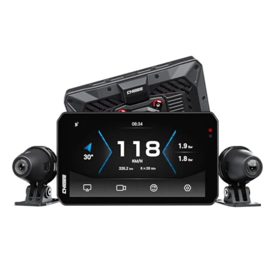 

Motorcycle Smart Riding System for AIO-5 EVO: Wireless CarPlay Android Auto, Dual 1080P Dash Cam, BSD, 5 Waterproof Display, Pa
