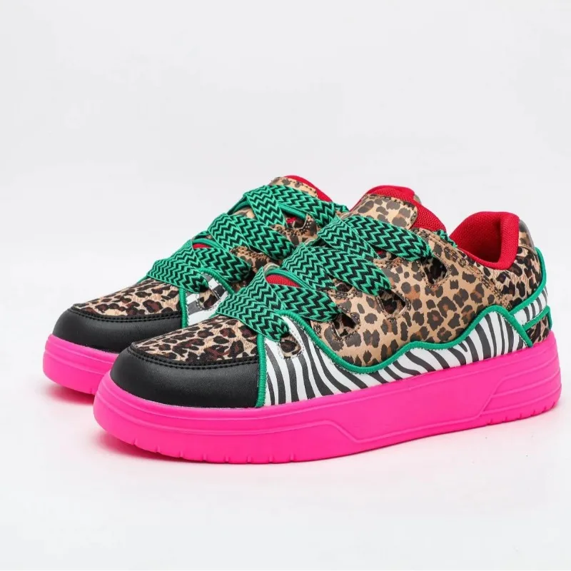 

New Women's Shoes Street Style Leopard Print Casual Shoes for Woman Exquisite Lace Chunky Sneakers Designer Shoes Zapatos Mujer