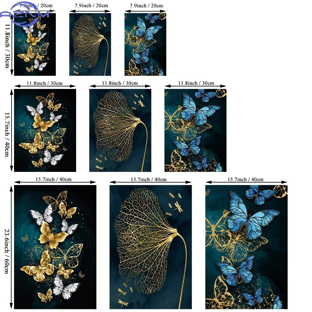 3pcs Frameless Nordic Gold Blue Butterfly Leaf Gilt Picture Wall Art/Modern Style Canvas Painting/Aisle Living Room Bedroom Deco
