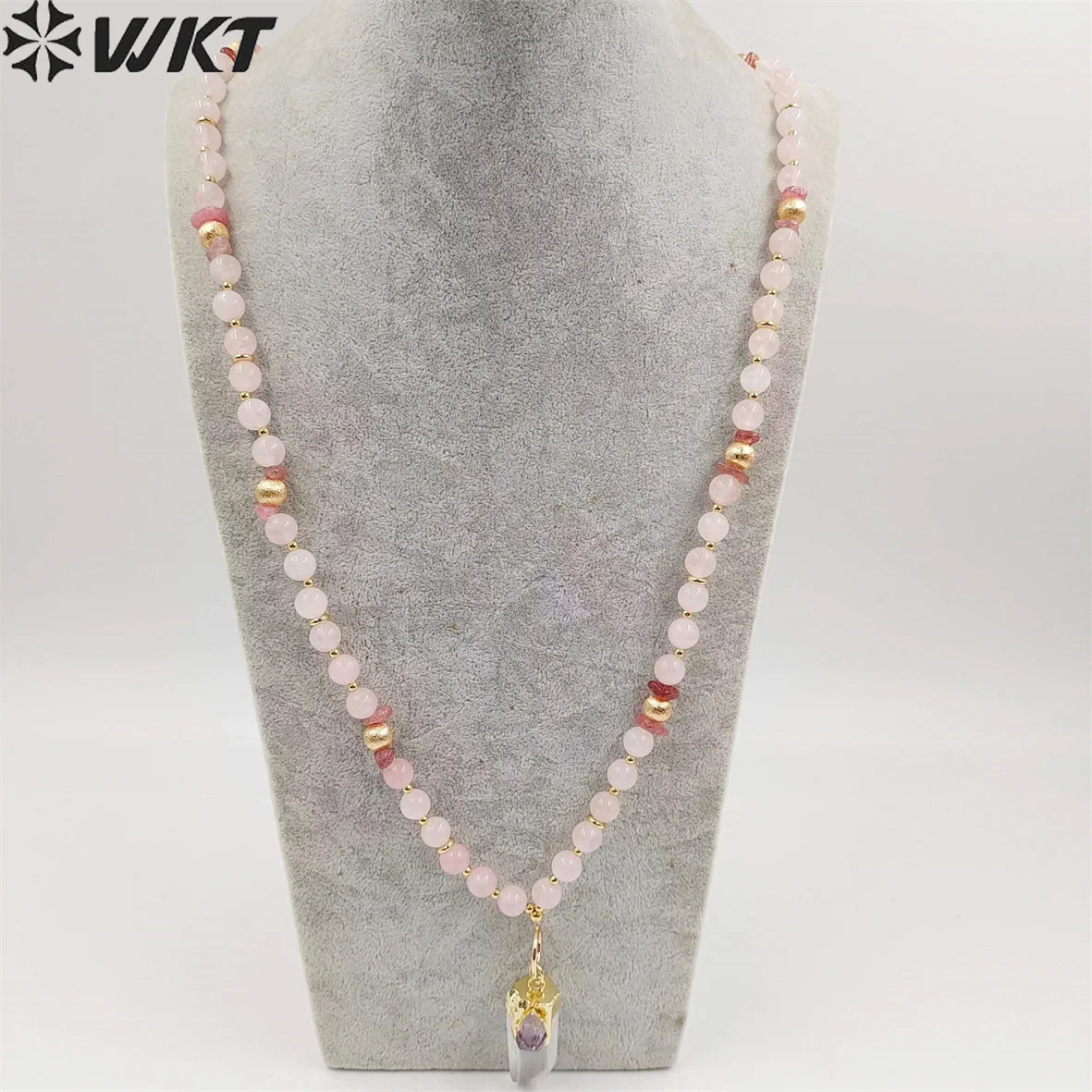 WT-N1411 WKT 2023 Exquisite rose quartz&crystal quartz necklace pendant women jewelry new sale 30inch gemstone pendant girl image 4