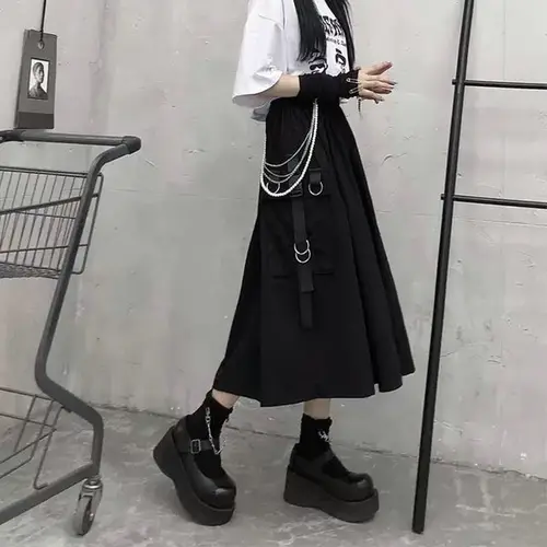 Faldas Cargo de cintura alta para mujer Harajuku 2025, falda larga negra por debajo de la rodilla con bolsillo acampanado holgado, ropa de calle de moda Hip Hop de gran tamaño