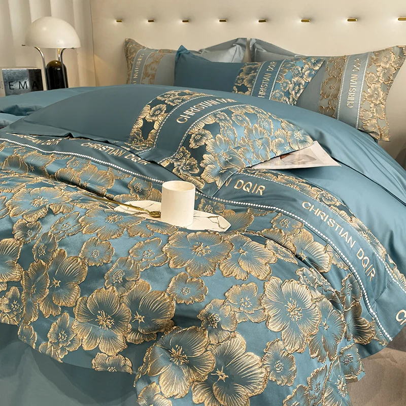 Brand New High-end Embossed Embroidery Bedding Set Luxury 3D Golden Floral Comforter Cover Cotton Duvet Cover Set  Fitted Sheet