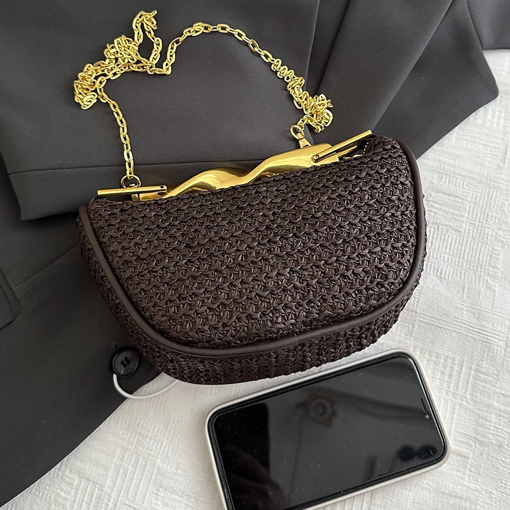 Women Elegant Knitting Sling Bag with Metal Handle Summer Beach Shoulder Bag Zipper Closure Trendy Straw Handbag Commute Bag