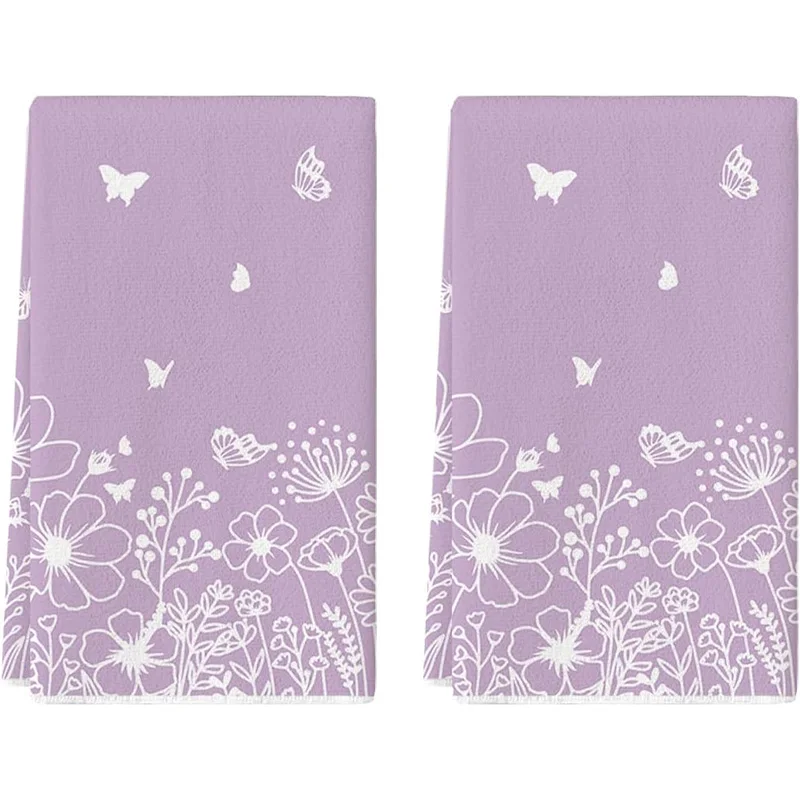 2-Pack Purple Butterfly Floral Kitchen Towels, Dish Towels, Hand Towels, Holiday Decorative Hand Towels, Soft Absorbent Drying Cloths, Kitchen Decor, Table Decor, Kitchen Supplies, Home Decor