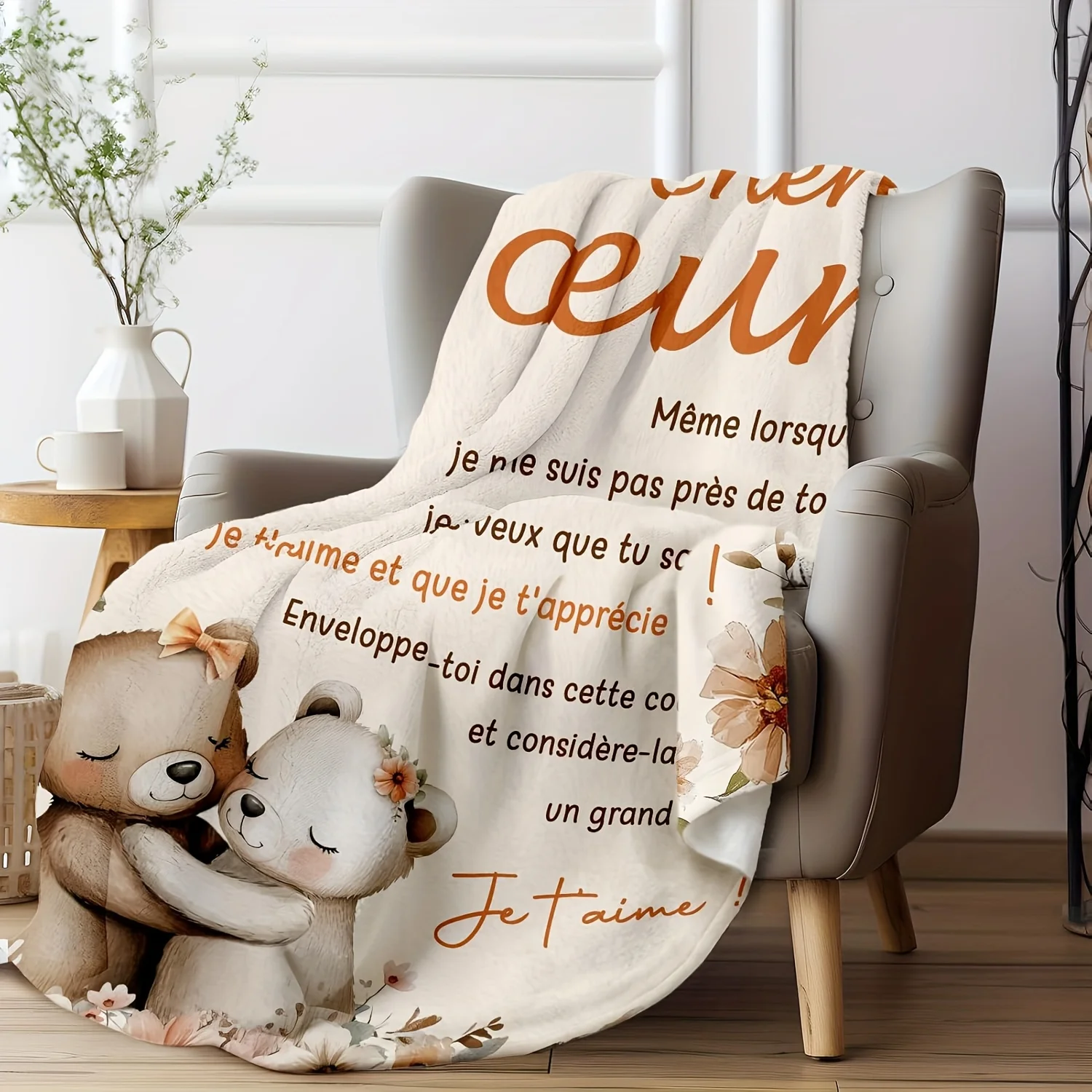 1pc of Soft And Warm Flannel Blanket Featuring a Floral Teddy Bear Design And a French Sister Quote, Perfect for Cozy Throws Dur