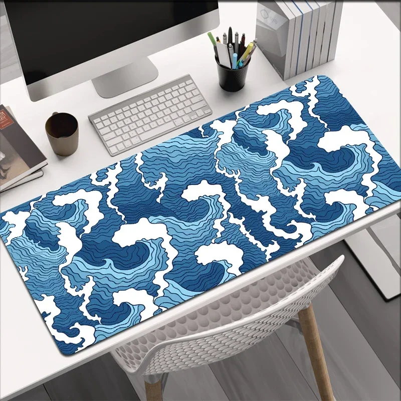 Blue Waves Mouse Pad Gamer Custom Large New XXL Anti-Slip Wear-Resistant Rubber Bottom with Stitched Edge Keyboard Mat 400x900mm