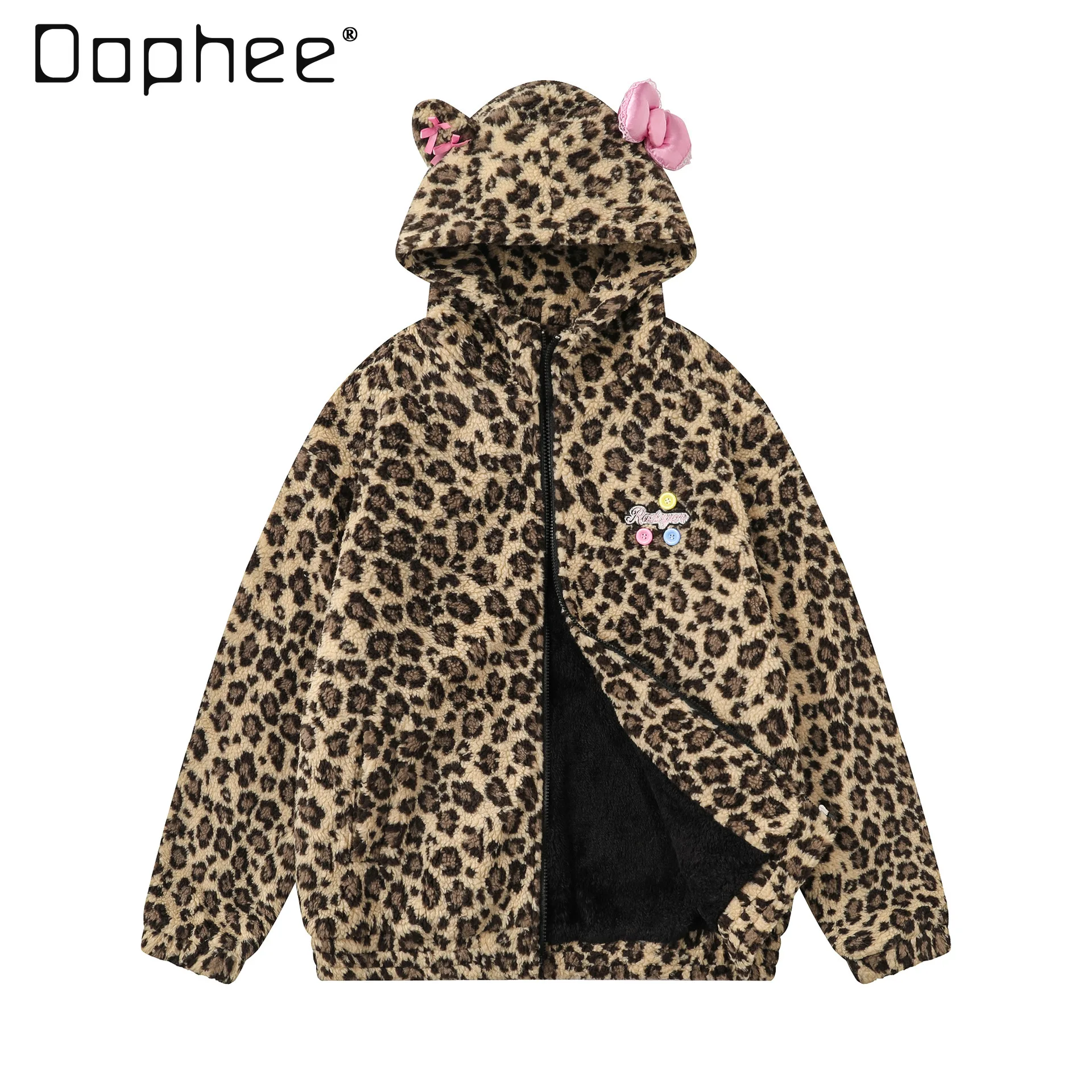 

American Retro Leopard Print Stand Collar Lamb Wool Coat for Women Winter Warm Fleece Lined Hooded Cotton Jacket