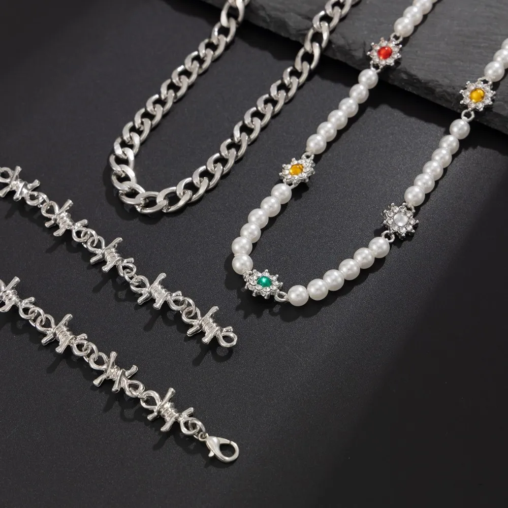 

​ 3Pcs/Set Rhinestone Men Thorny Chain Necklace Necklace Set Hip-hop Imitation Pearl Chain Necklace Neck Jewelry Multilayer