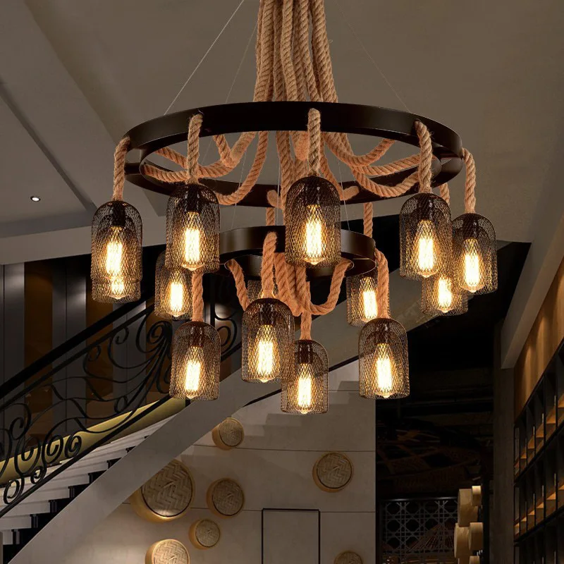 ： OUFULA American Style Retrohemp Rope Chandelier Nostalgic Loft Industrial Style Internet Cafe Restaurant Hot Pot Shop Pendant