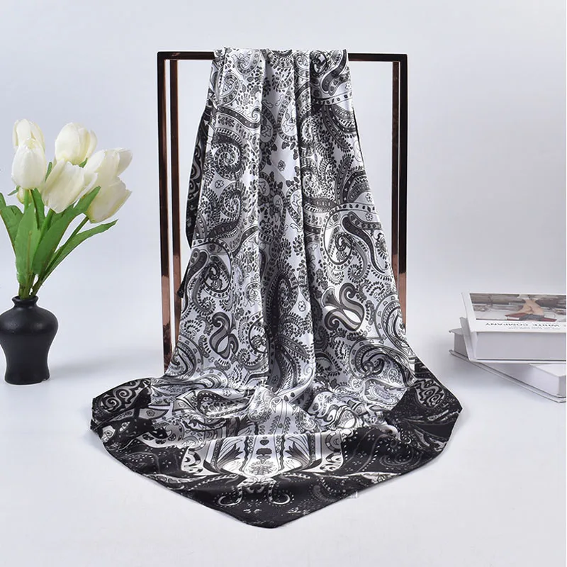 New Luxury Design Square Scarf For Women Silk Shawl Satin Neckerchief Female Headband Hair Bands Print Foulard Hijab Wraps view 6