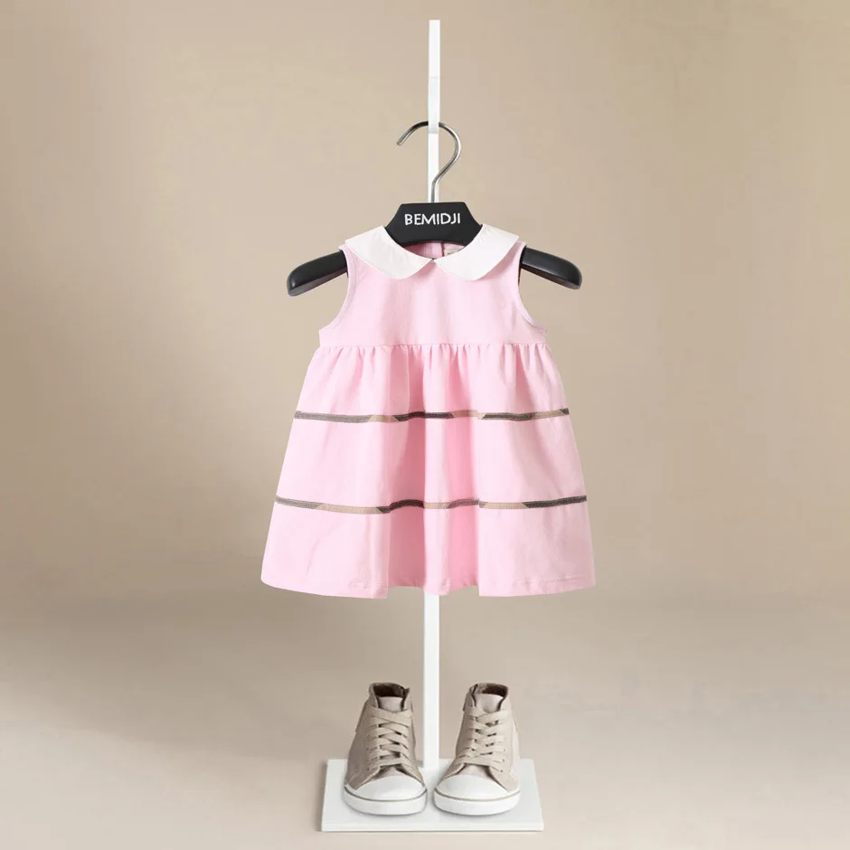 Summer Casual Fashion Turndown Collar Baby Girls Dresses Kids Sleeveless Plaid British Style  A-line Princess Dresses for Girls