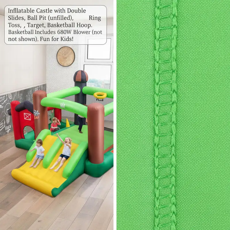 Château gonflable avec double toboggan, piscine à balles, jeu de lancer d'anneaux, jeu de tir, panier de basket et souffleur 680W, multicolore