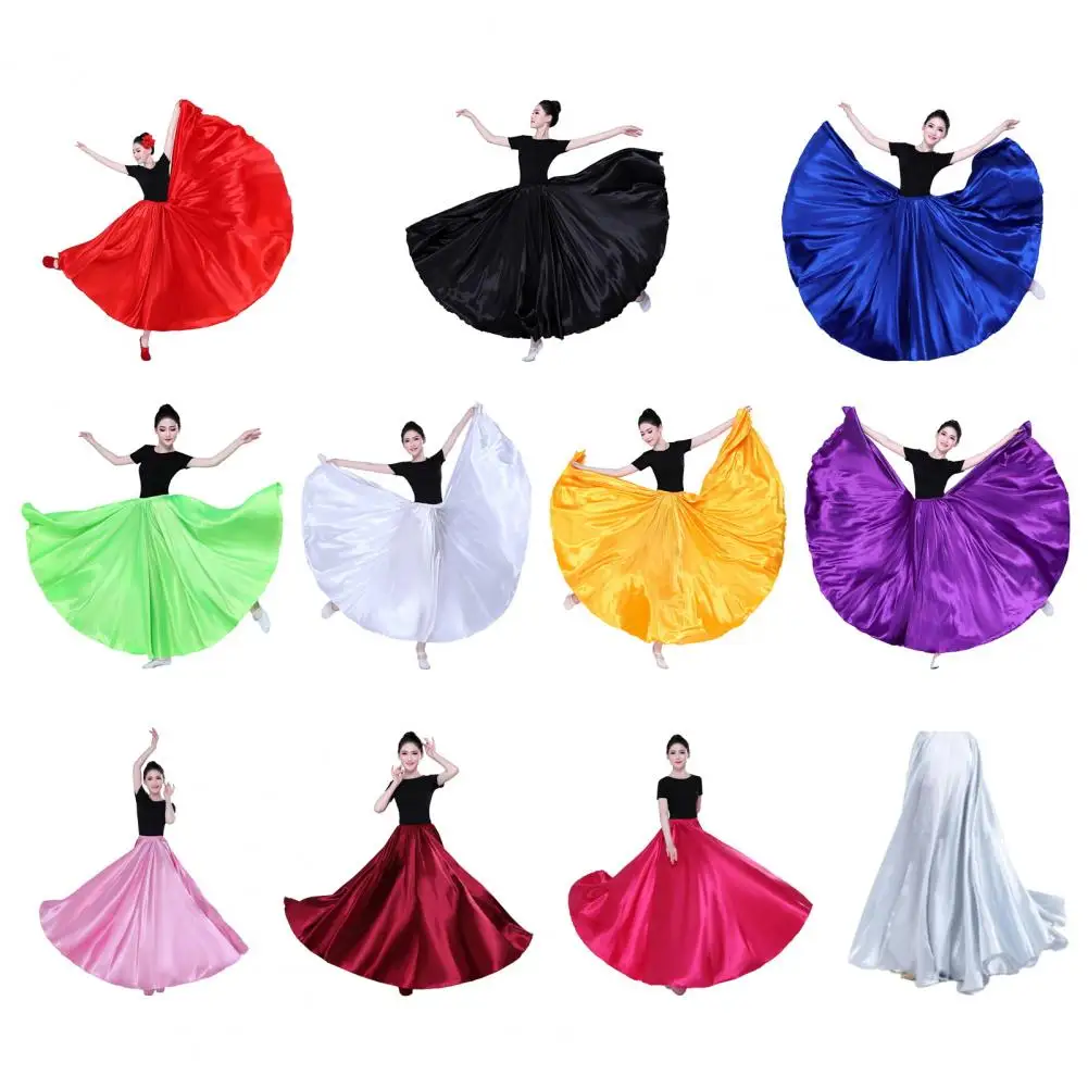 Women Performance Skirt High Elastic Waist Satin Long Spanish Skirt Pleated Super Big Hem Swing Dancing Skirt Belly Dance Skirts