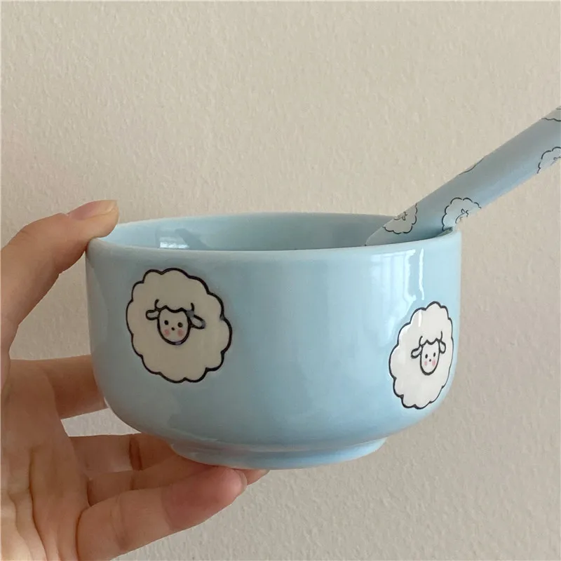 Cute Cartoon Plate Blue Lamb Ceramic Bowl Dessert Bowl Girl Heart High Beauty Salad Bowl Household Ceramic Plate Set Tableware