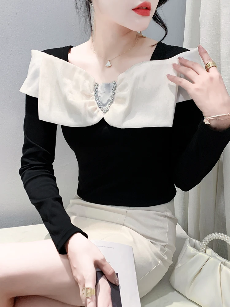 Faionable  Knot Long Sve One oulder T-irt Women's Base irt Sli Versatile Commute Sle Korean Fit Cot...