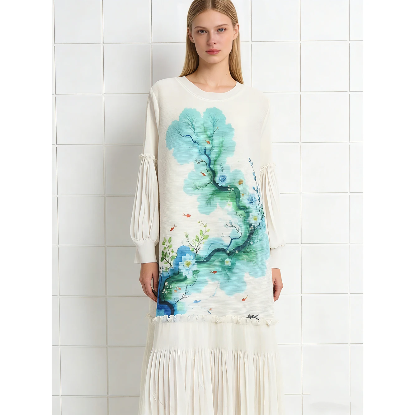 

Southeast Asia Cross-Border Tee-Residence Printed Heavy-Look Lantern Sve Pleated Large Size Midi Skirt Dr