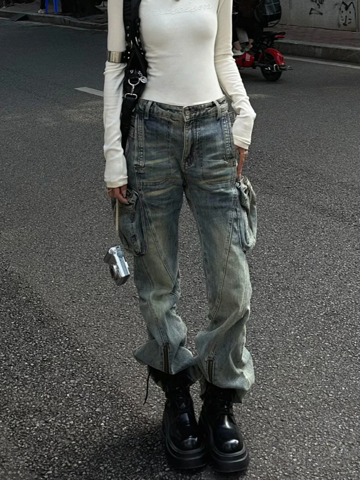 

Джинсы женские в американском стиле, больших размеров, ретро, рабочие, с множеством карманов, деним, стройнящие, уличный деконструированный дизайн, длинные брюки