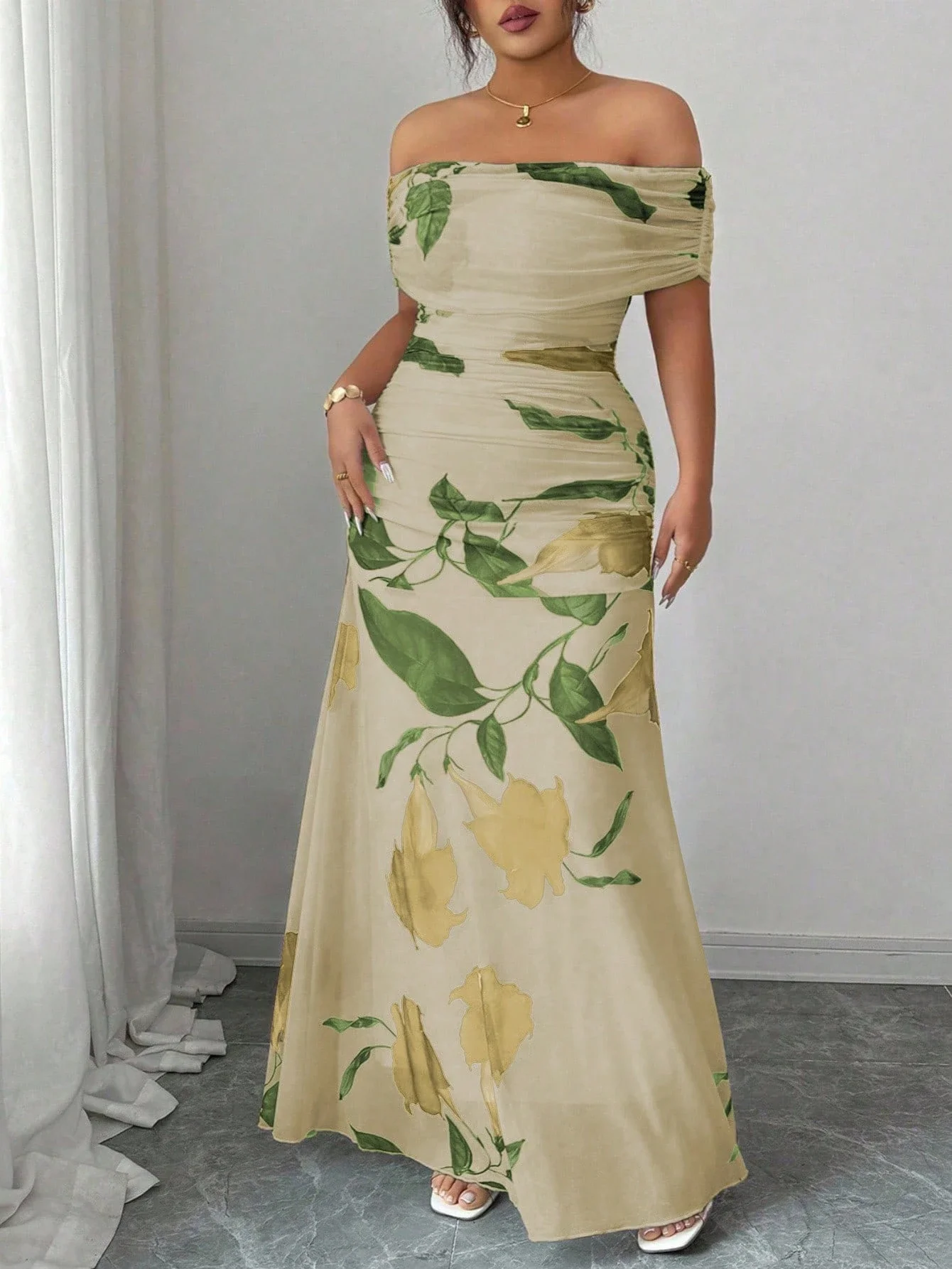 

Off Shoulder Floral Maxi Dress With Ruched Detail And Leaf Pattern