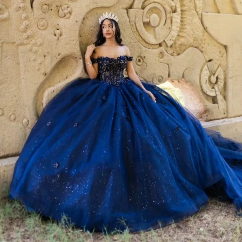 

Navy Blue Shiny Quinceanera Dresses Off The Shoulder Applique Beading Crystal Tull Bow Party Birthday Sweet 16 Dress Vestidos 15