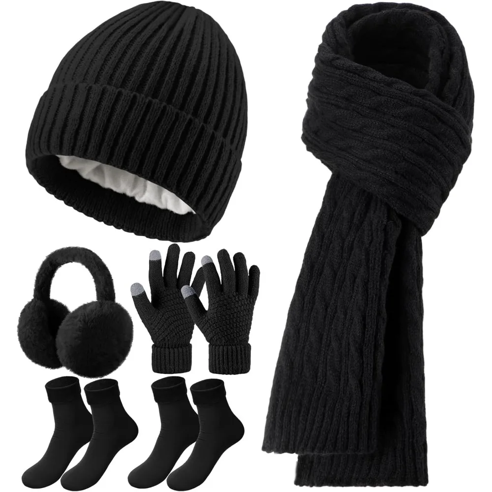 6 قطعة مجموعة الشتاء الدافئة للنساء قبعات حريمي دافئة قفازات لمس وشاح طويل الأذن يفشل الجوارب هدايا الشتاء للنساء