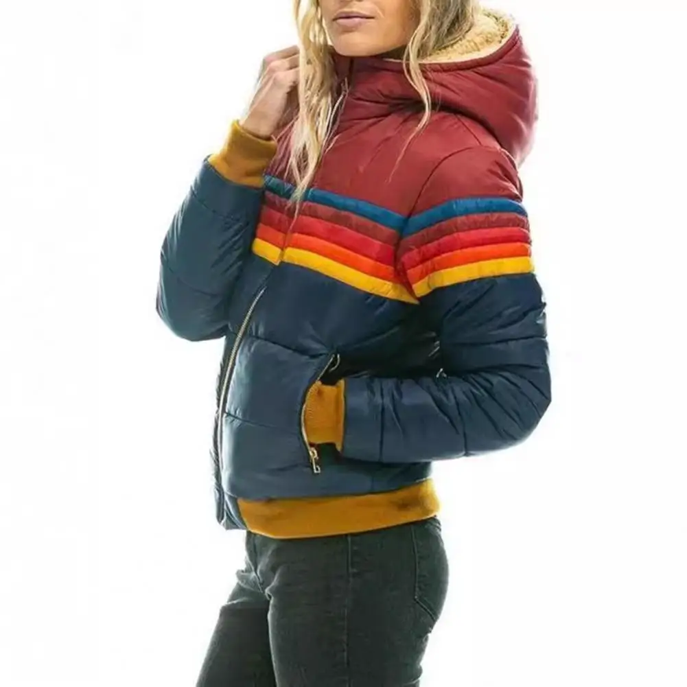 

Women Coat Hooded Winter Cotton Coat with Pockets Zipper Closure Windproof Cardigan Jacket with Elastic Cuffs Hem Short Length