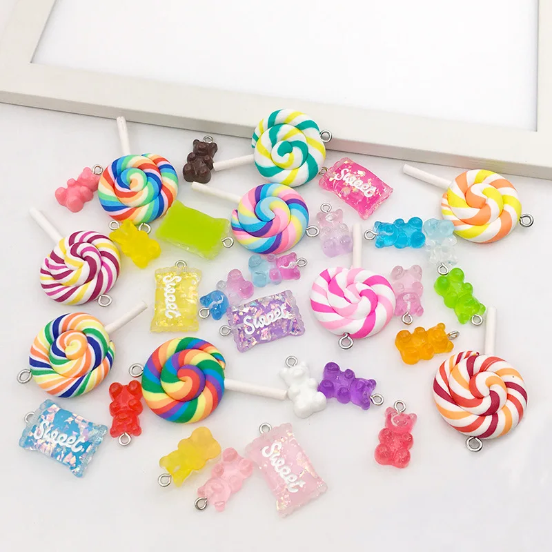 16Pcs Resin Lollipop Gummy Bear Charm For Jewelry Making Necklace Bracelet Earrings Pendant Handmade Accessories Dangle Supplies