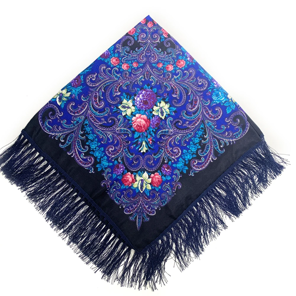 115*115cm Women Russian Scarf Luxury Floral Print Square Bandana Ukrainian Fringed Shawl Babushka Handkerchief Head Wraps