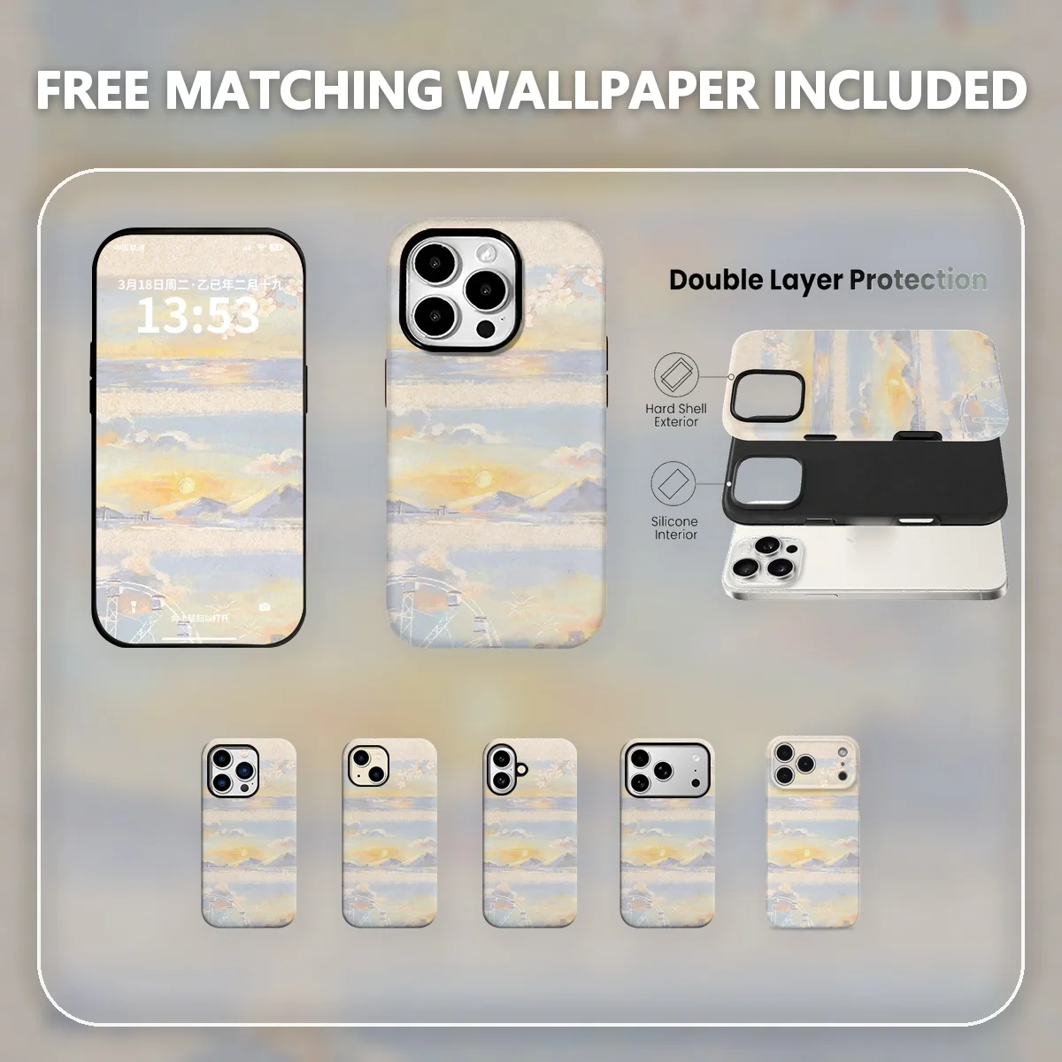 Sunset Landscape Scenic Triptych Pastel Illustration Watercolor Texture Dual-Layer Hybrid Phone Case for iPhone 12-17 Series