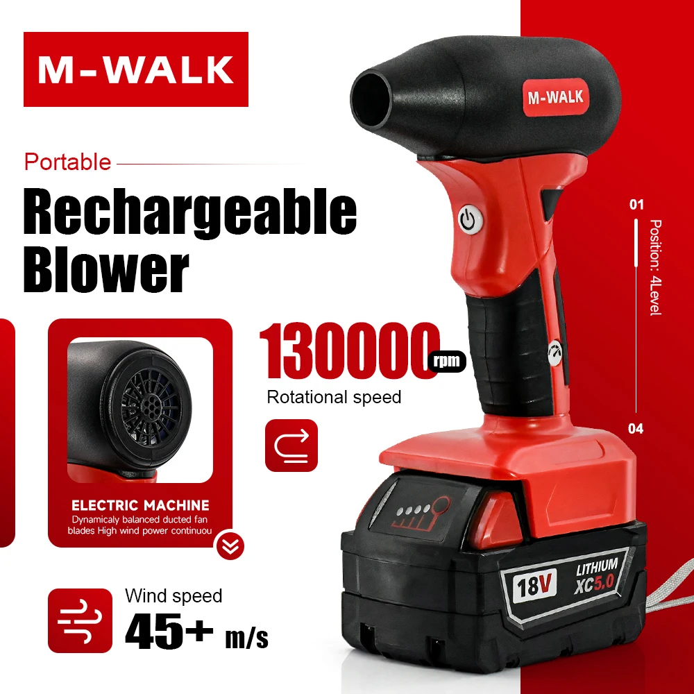 M-WALK Turbo Jet Fan Electric Air Gun Duster 130000RPM Cleaning Air Blower Tools Car Blowing Snow For Milwaukee 18V Battery Pins
