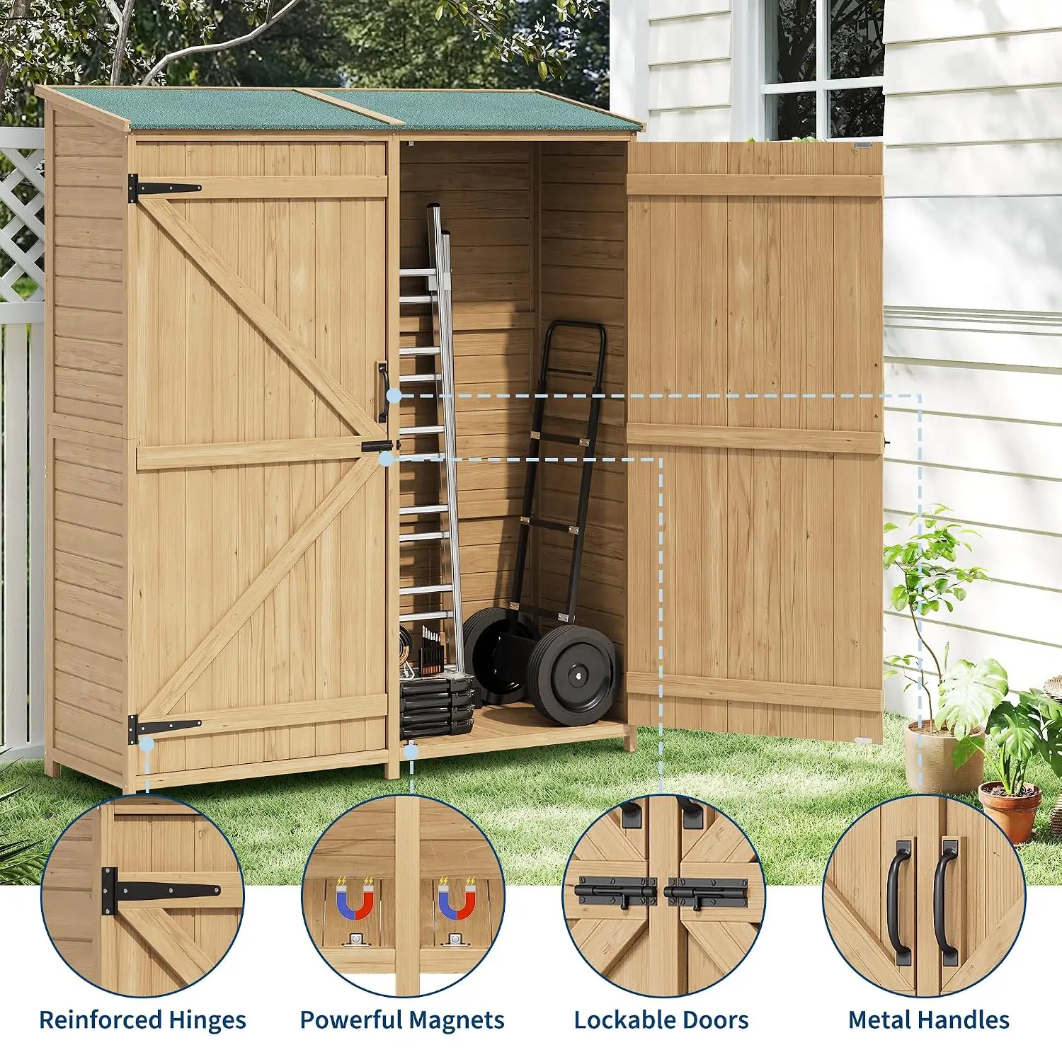 Large Wooden Outdoor Storage Cabinet Waterproof Garden Shed Tool Organizer Adjustable Shelves 2 Doors Yard, Customized