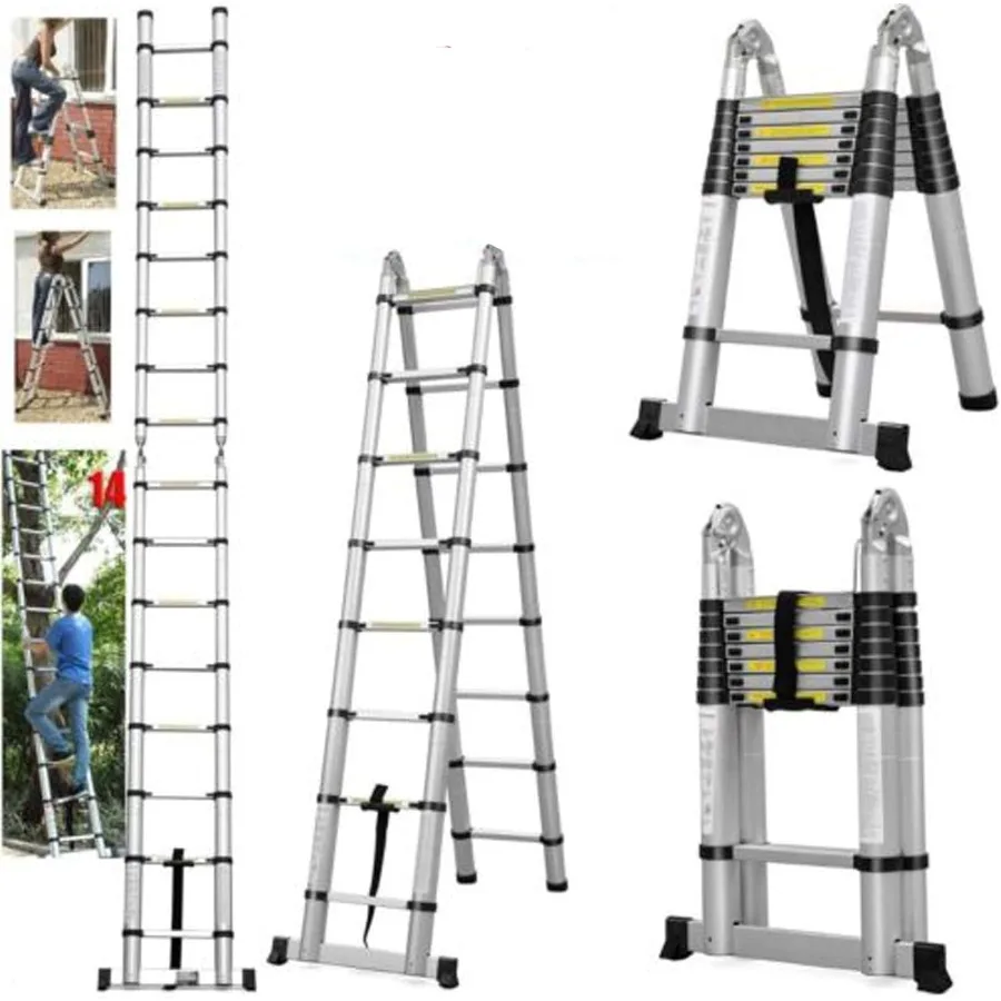 

5M Aluminum Retractable Stepladder with AFrame Design 2.5M+2.5M Extension for Indoor Outdoor Use Compact Folding Ladder Save Sp