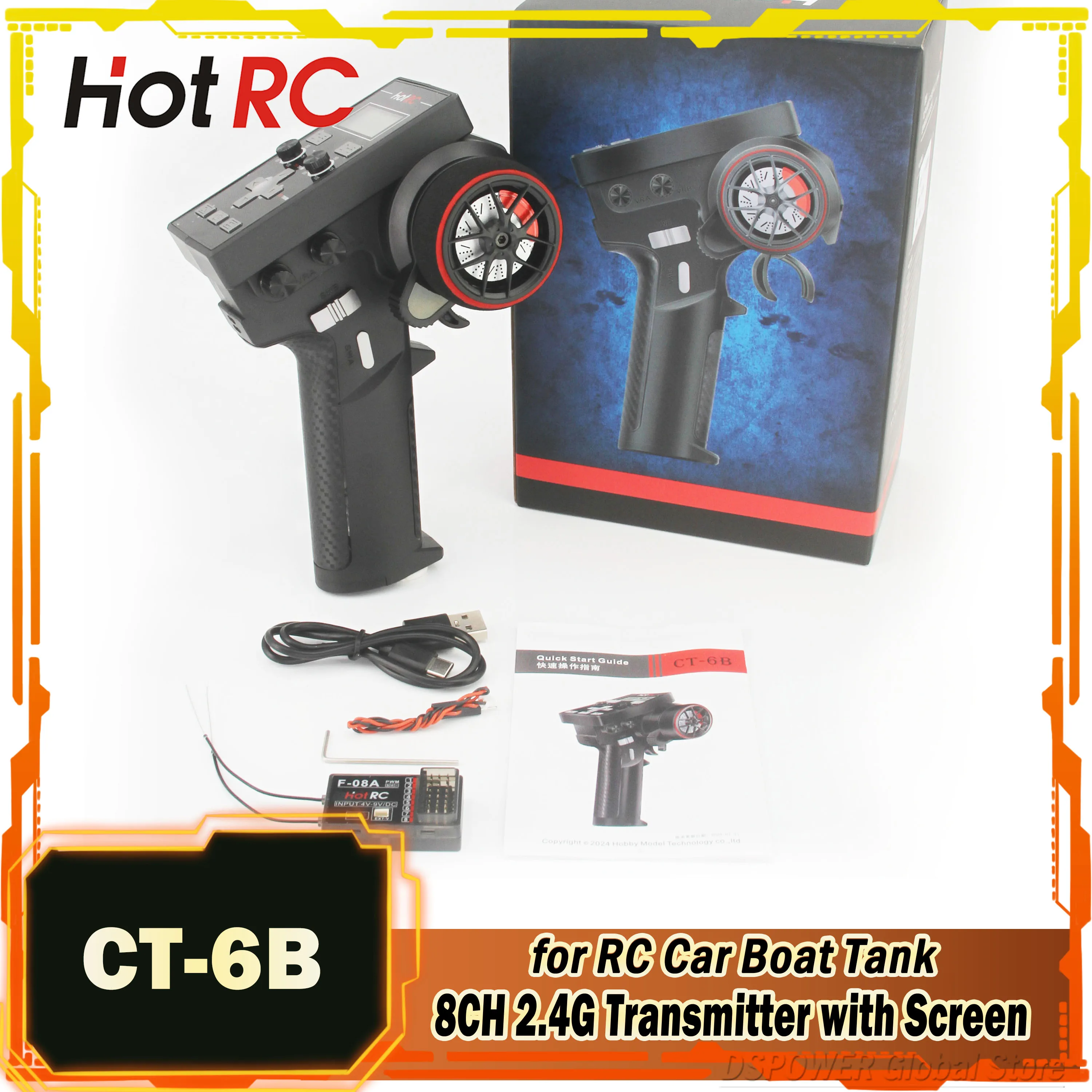 HOTRC CT-6B 8CH 2.4G Transmitter LCD Remote Control F-08A Receiver Radio System Voltage Return for RC Ship Model Car Boat Tank