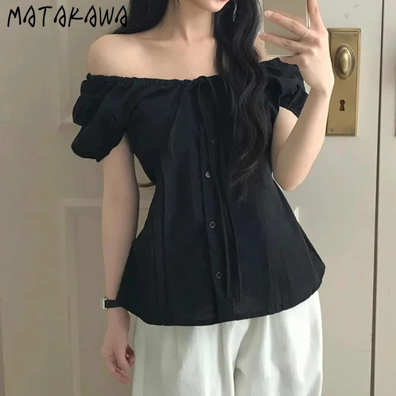 

Matakawa Summer Puff Sleeve Blouses Solid Slash Neck Vintage Sexy Women Shirts Korean Fashion Elegant Sweet Retro Blusas Mujer