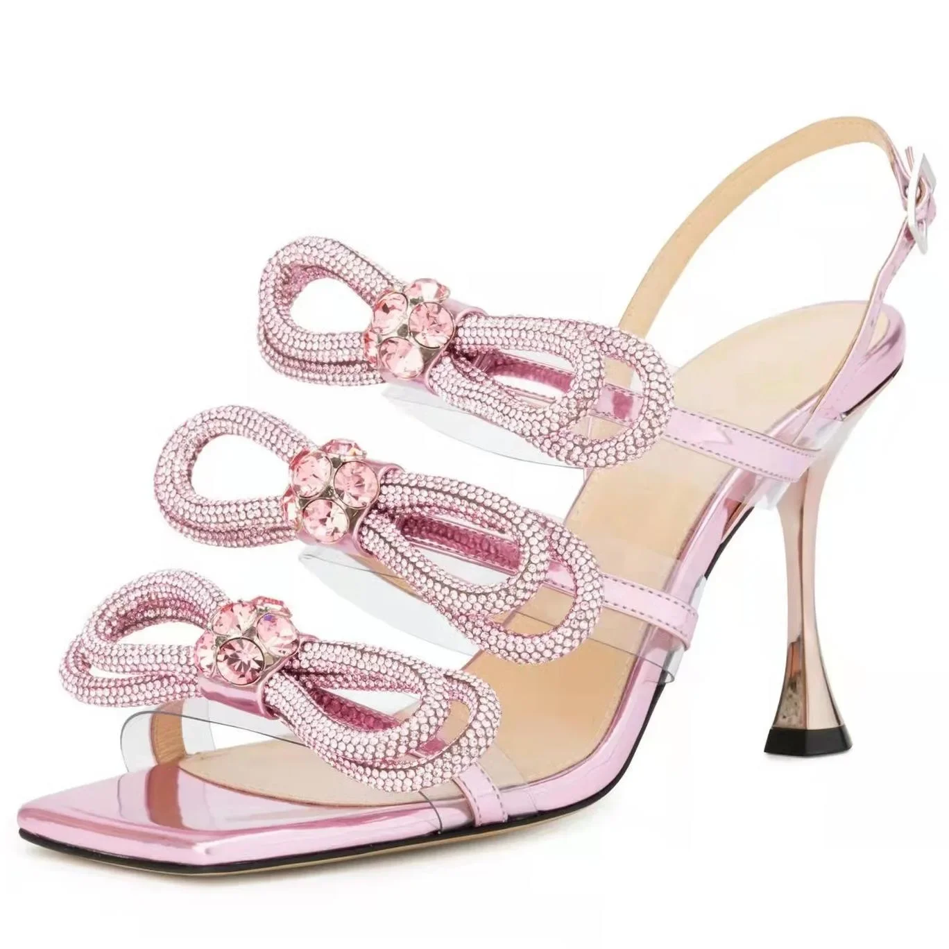 Pink Square Peep Toe Butterfly-knot Women Sandals Thin Super High Heel Ankle Strap Diamond Crystal Decoration Summer Lady Shoes