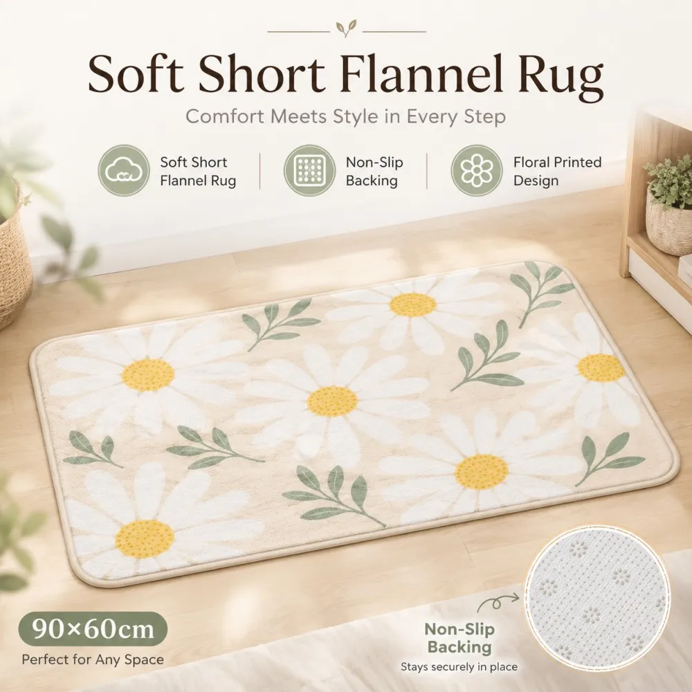 

ESRBSO Daisy Floral Rug 90x60cm Soft Short Flannel Non Slip Washable Floor Mat Bedroom Doorway Bathroom Carpet Home Decor