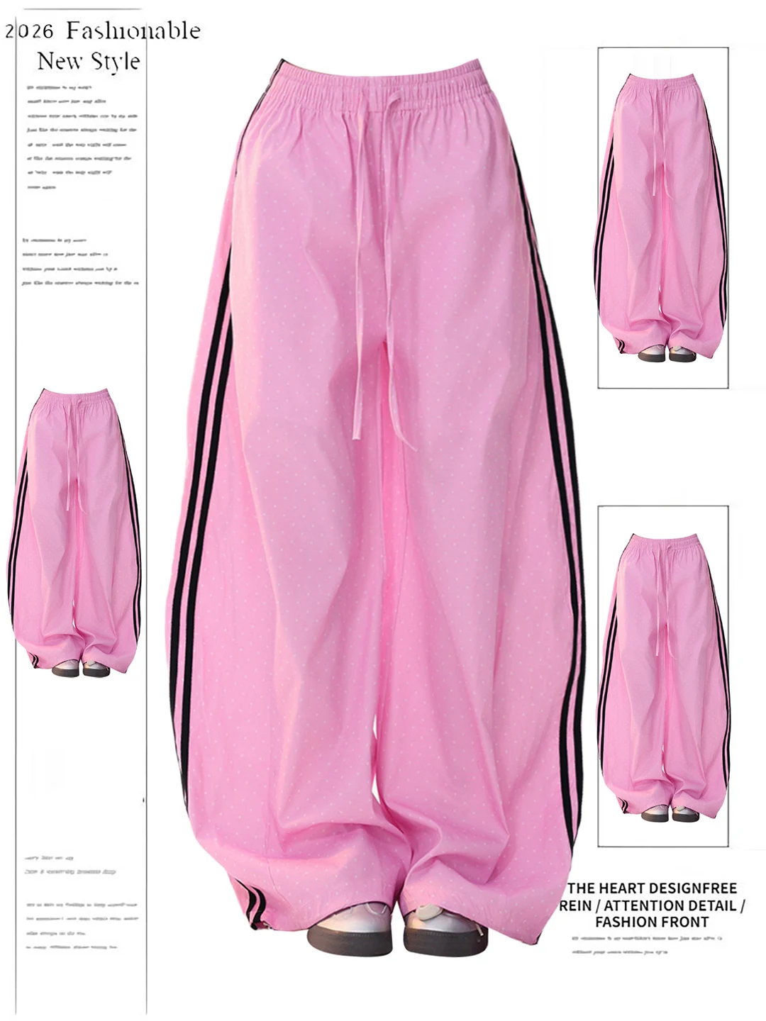 

Pink Polka Dot Wide Leg Pants Women's Spring Summer New Loose Straight Casual Pants Asymmetric Design Polyester Fiber